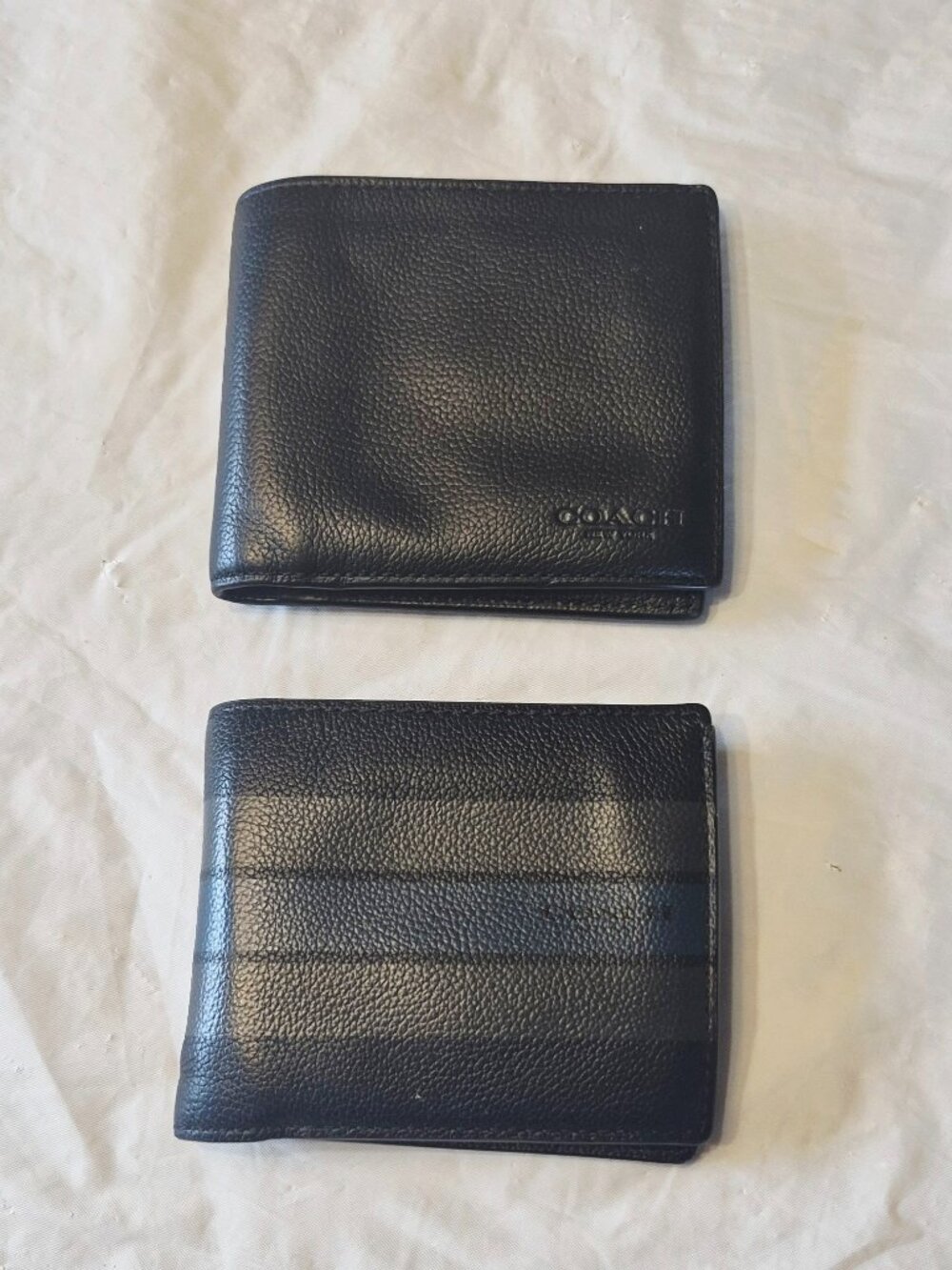 Two Men's Coach Classic Bifold Leather Wallets One Solid, One Striped